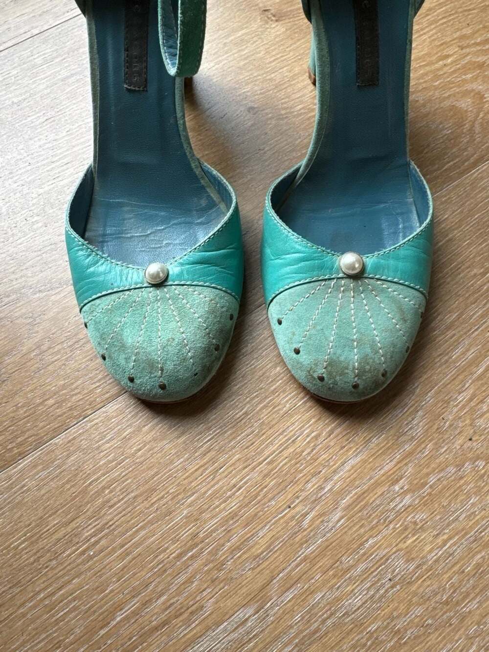 Vintage Marc Jacobs Turquoise Suede & Leather Mary Jane Heels - Size 38 - Picture 3 of 11